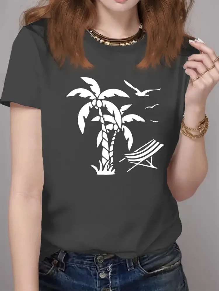 Coconut Tree Print Crew Neck T-shirt  Casual Short Sleeve Top For Spring & Summer  Women's Clothing