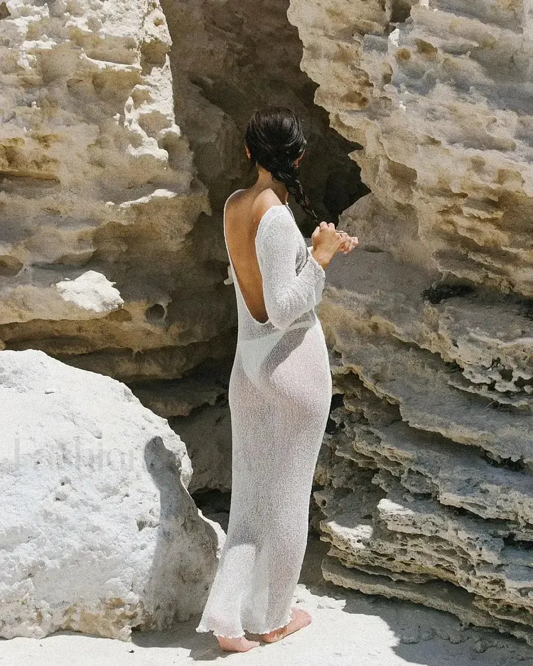 Black Knitted Sexy Backless Slim Long Sleeve Maxi Dress