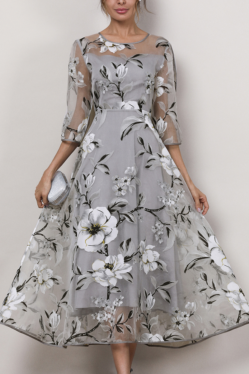 Plus Size Floral Print Mesh Layered A Line Tunic Midi Dress
