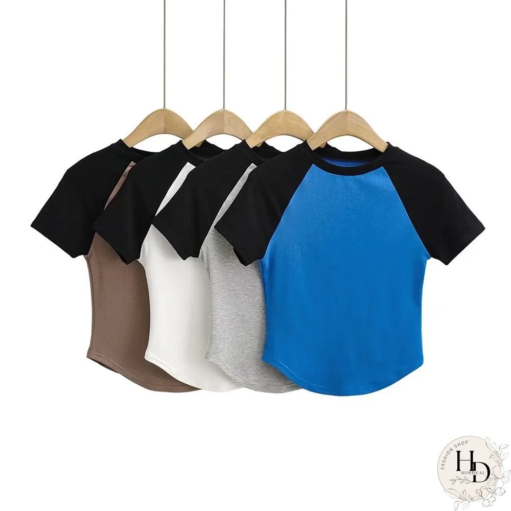 Curved Hem Contrast Color Sleeve Stitching Bottoming T Shirt Trendy Women's Short-sleeved T-shirt Tops For Women