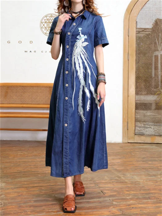 Women's Embroidery Short Sleeve Stand-up Collar Maxi Dress