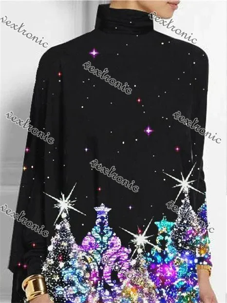 Women Long Sleeve Turtle Neck Graphic Printed Asymmetrical Tops