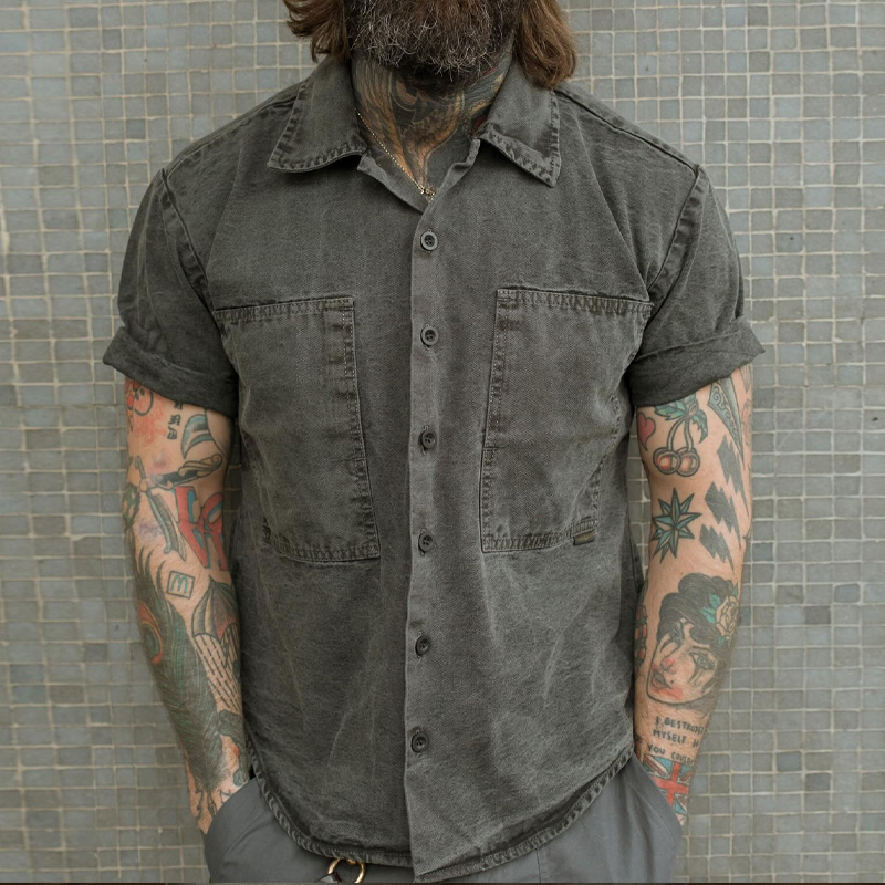 Men's Vintage Washed Distressed Short Sleeve Shirt