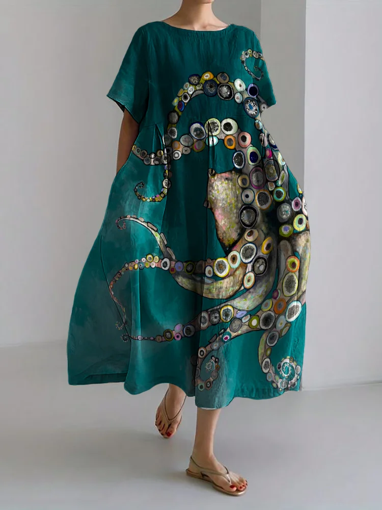 Colorful Octopus Oil Painting Linen Blend Maxi Dress
