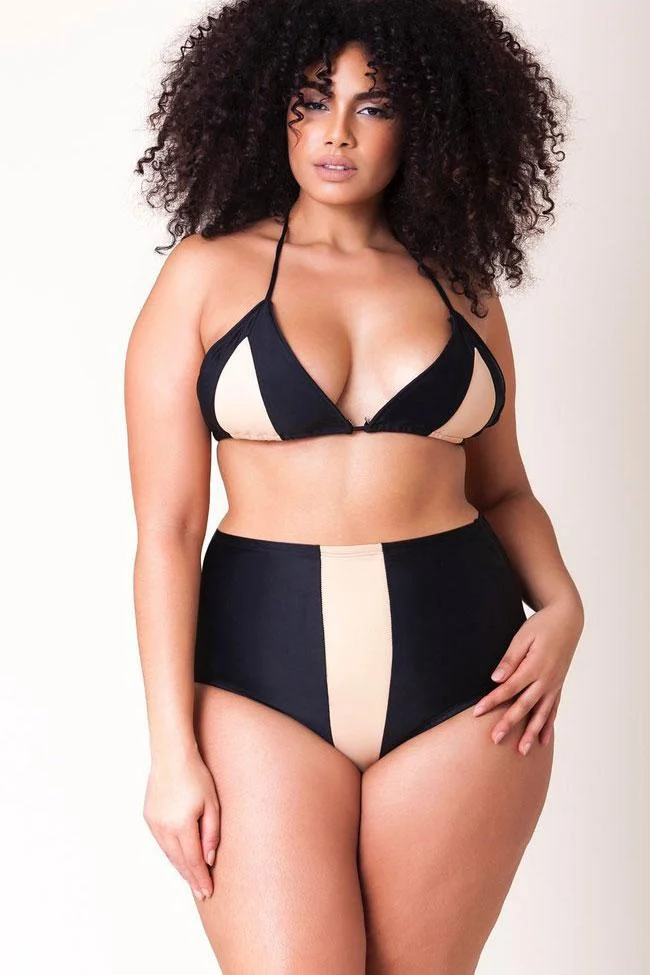 Plus Size Contrast High Waisted Slide Triangle Bikini Swimsuit - Two Piece Set