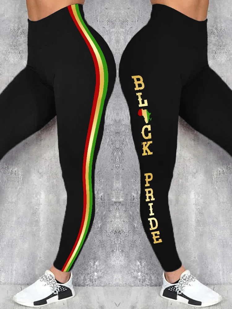 VChics Black Pride Africa Map Striped Print Leggings