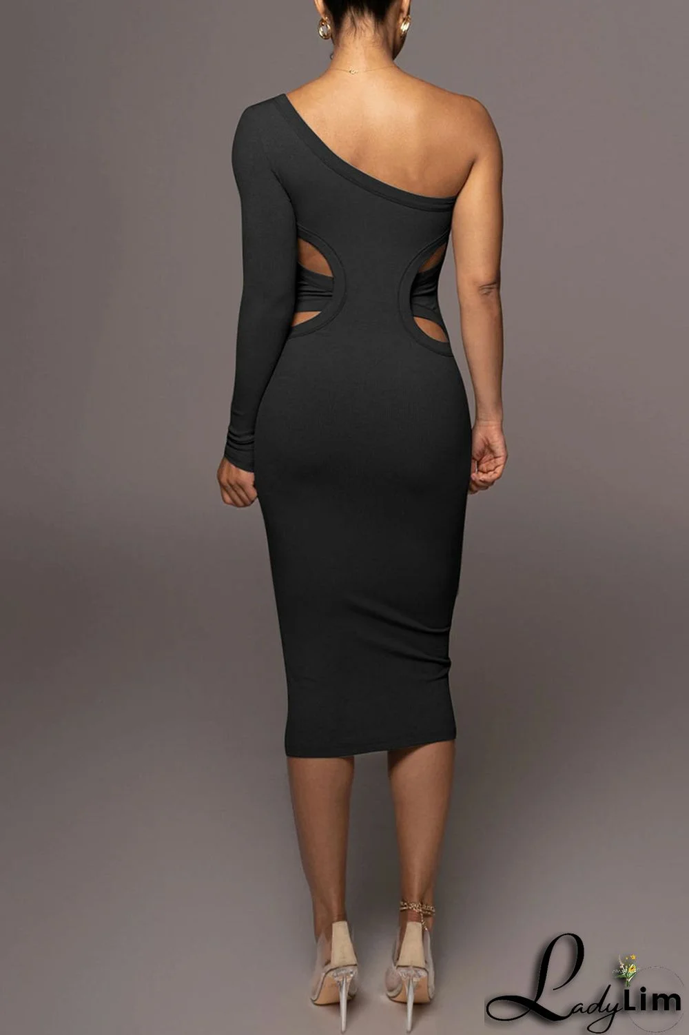 Black Sexy Solid Patchwork Oblique Collar One Step Skirt Dresses