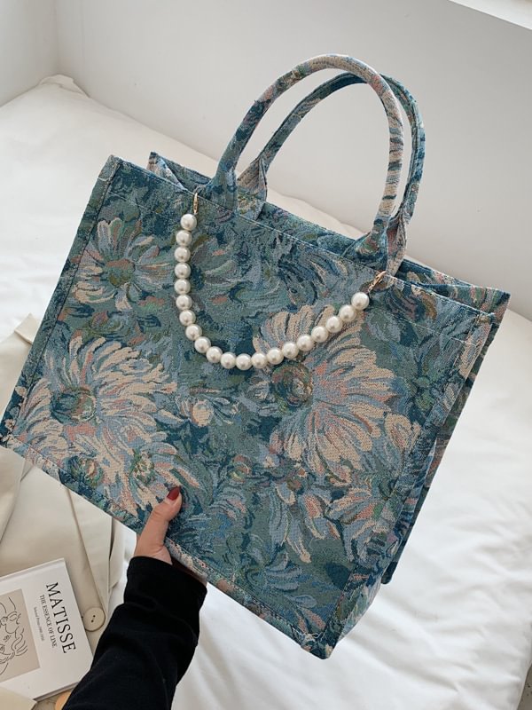 Floral Printed Pearl Chain Decoration Bag