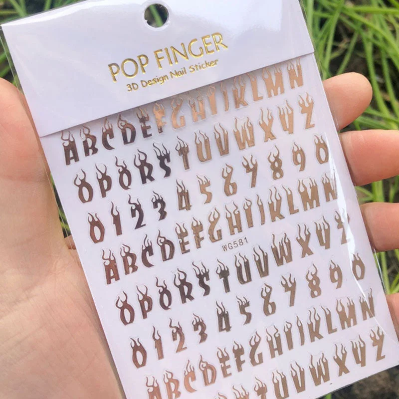 Laser Alphanumeric 10 Color Nail Sticker Decoration 3D Burning Alphabet Arabic Numerals Nail Slider Decal Manicure Accessories