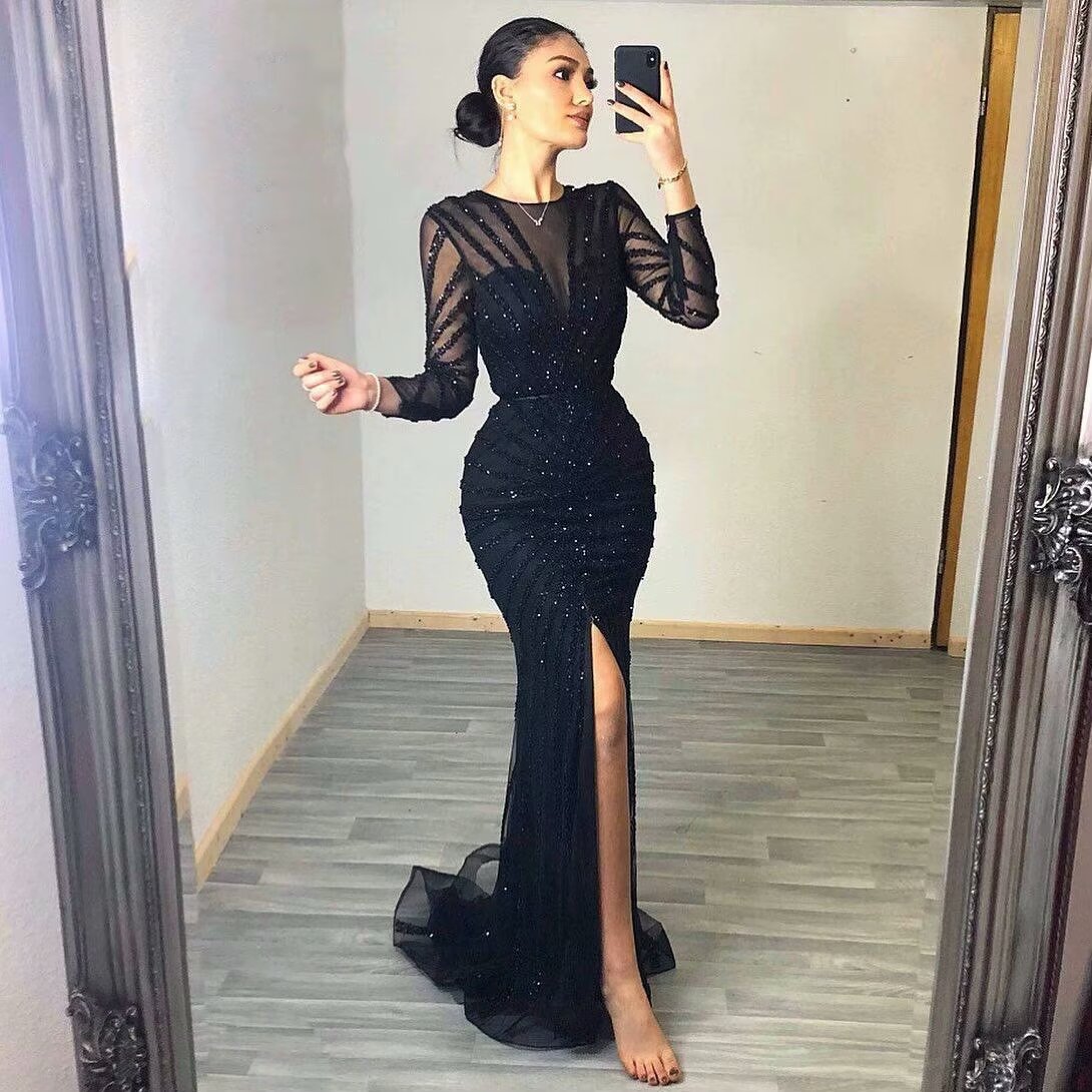 Lisliy Black Long Sleeves Beadeds Embroidery Mermaid Prom Dress With Split