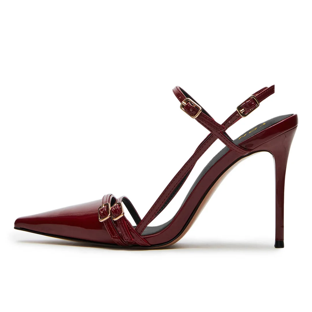 Burgundy Patent Leather Pointed Toe Buckled Strappy Slingback Heels