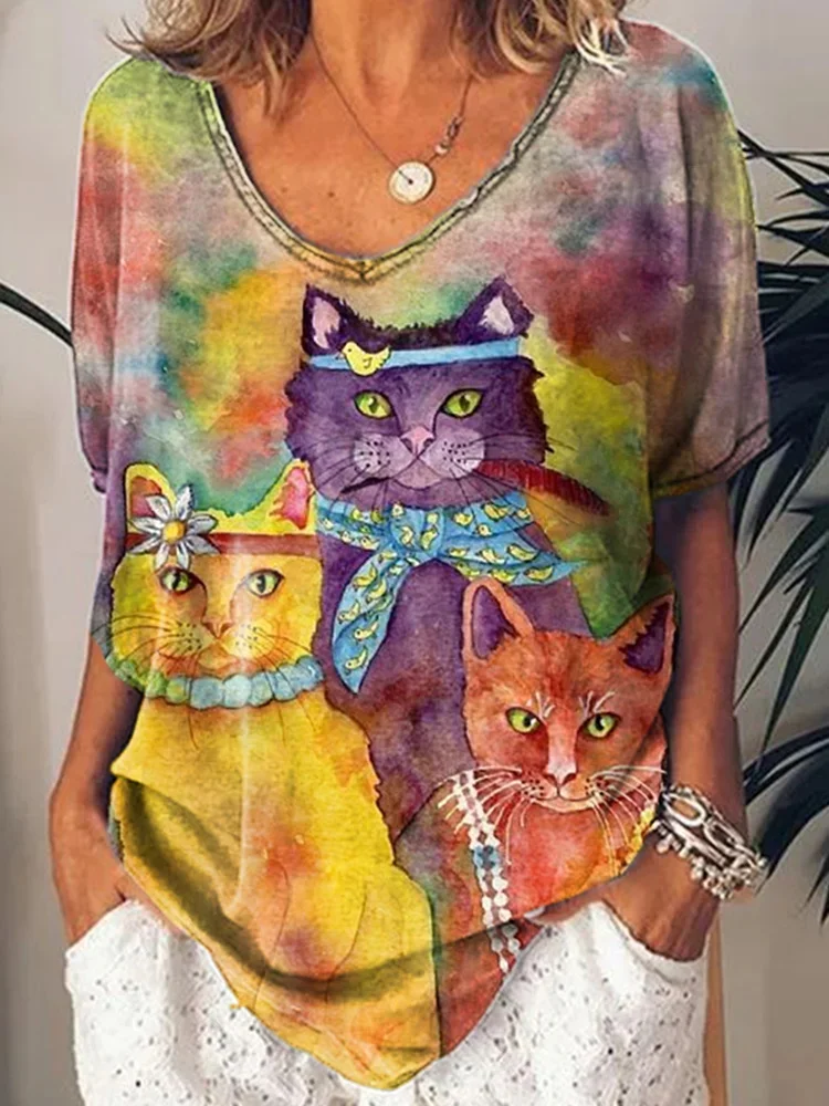Colorful Oil Painting Cat Print Women's T-shirt