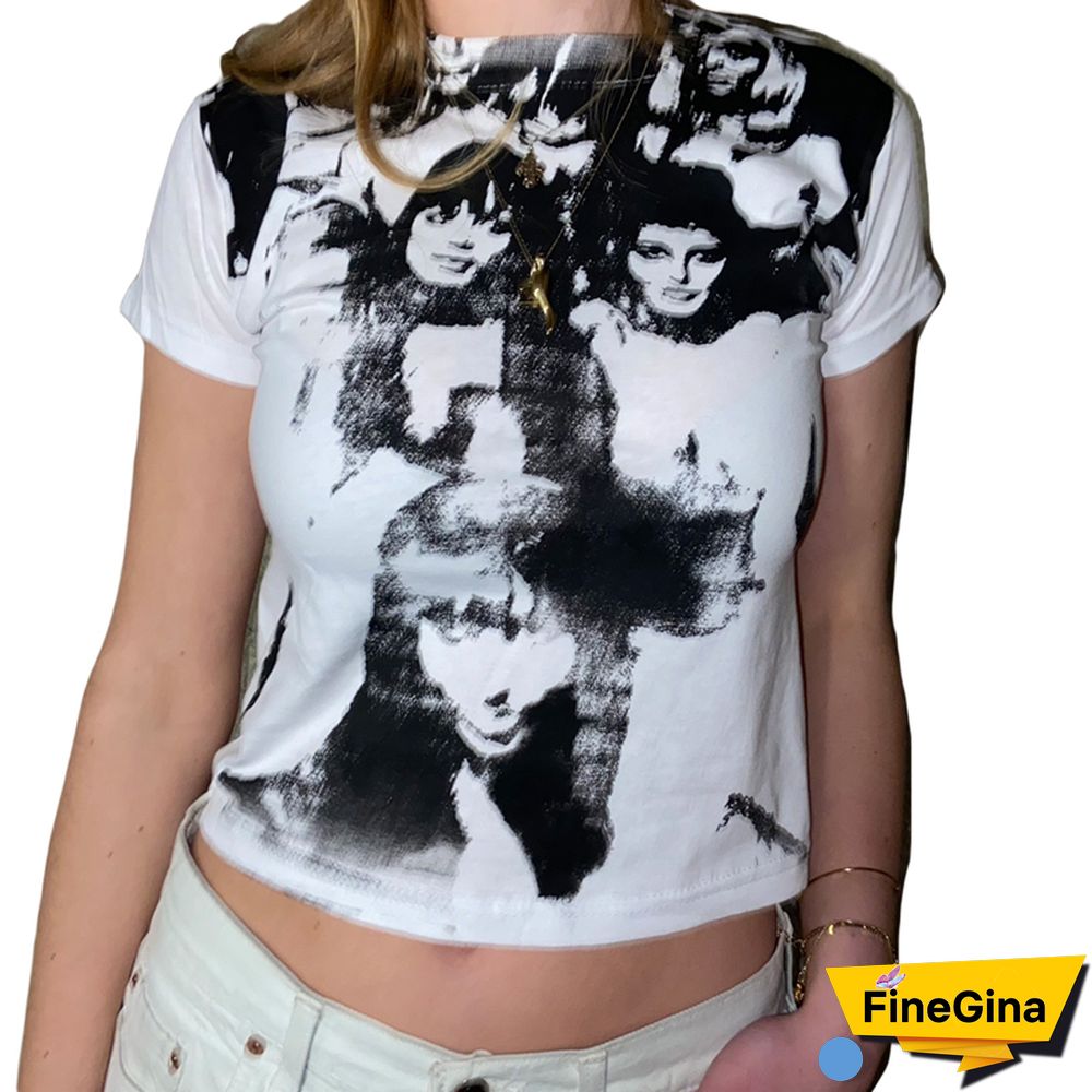 Gothic Portrait Print T-shirt Aesthetic Short Sleevle Sweats Tees Harajuku Streetwear White Crop Top Women Clothes
