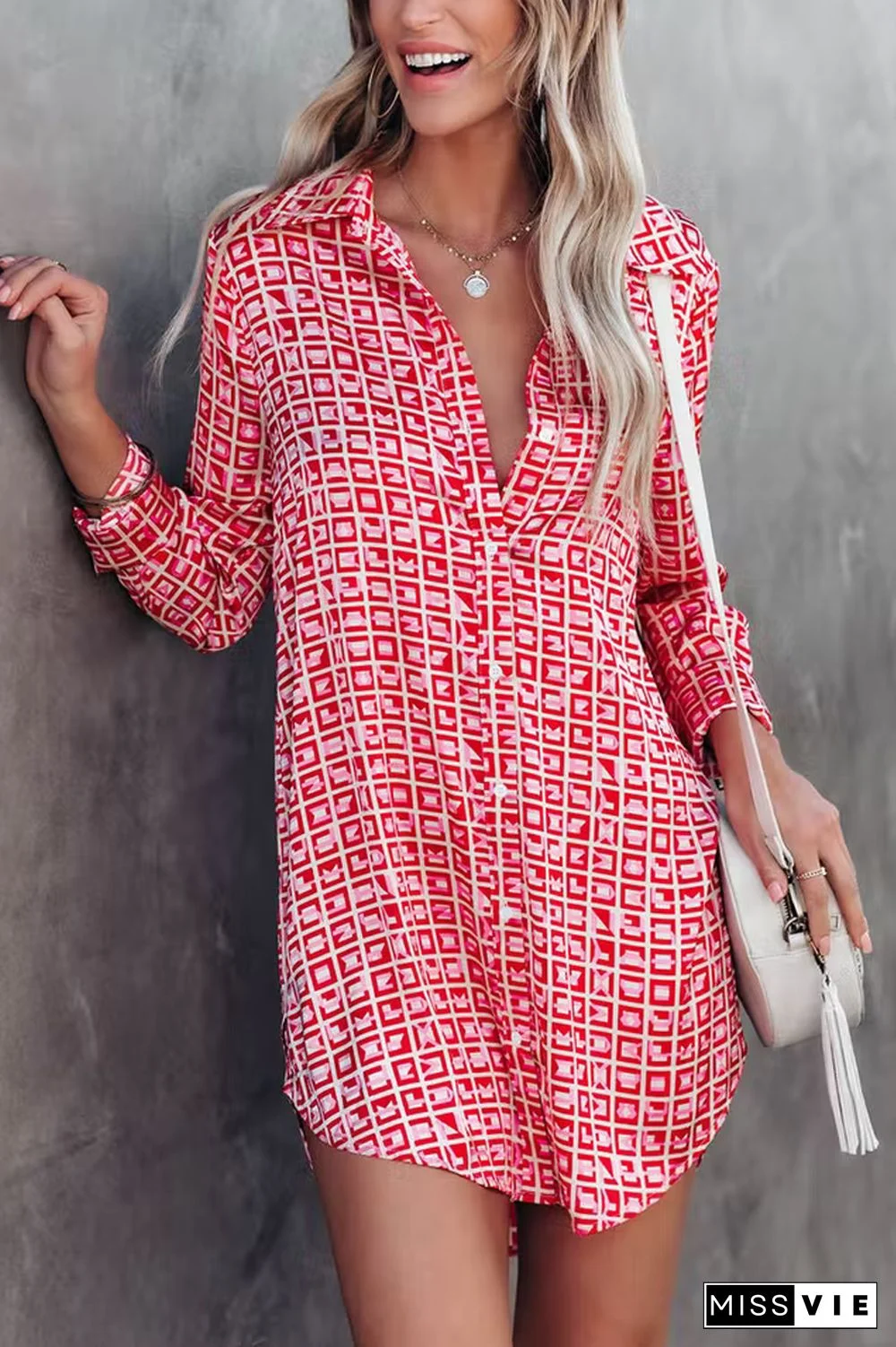 Brenleigh Printed Satin Button Down Shirt Dresses