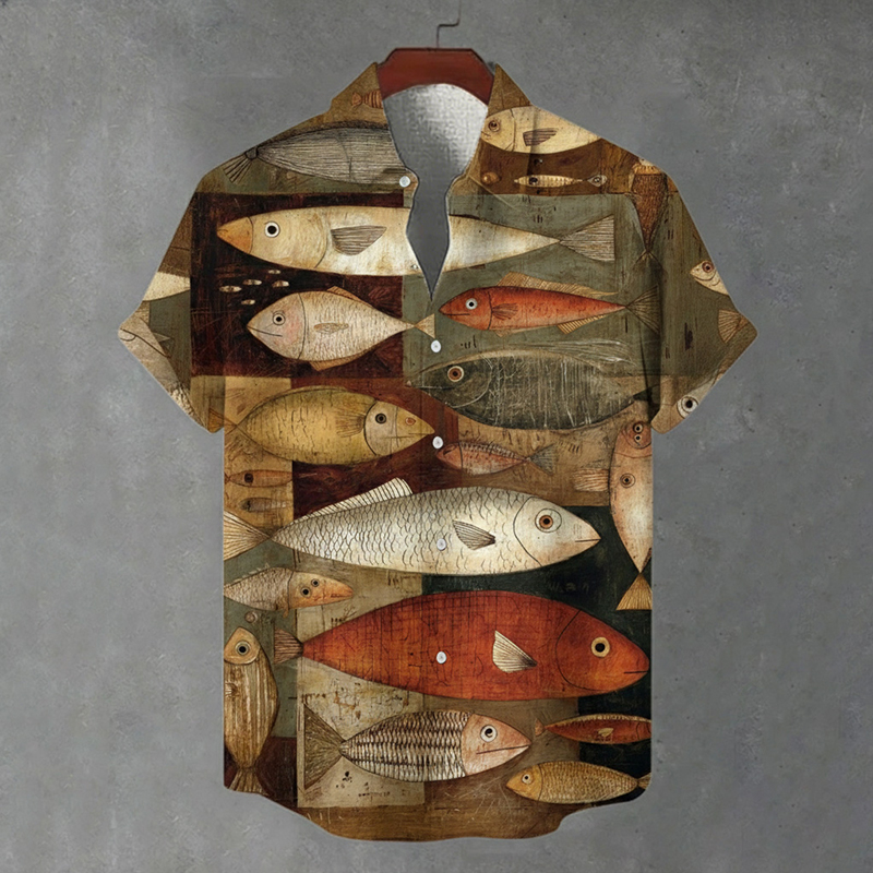 Men's Japanese-style Art Fish Pattern Linen Short-sleeved Shirt  artssus