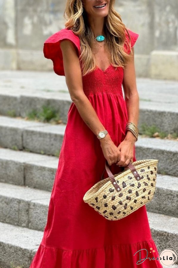 V-neck Waist Ruffled Short Sleeves Loose Hem Long Dress
