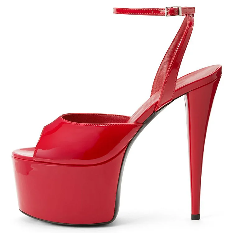 Red Peep Toe Patent Heels Classic Platform Stiletto Shoes Party Ankle Strap Sandals |FSJ Shoes