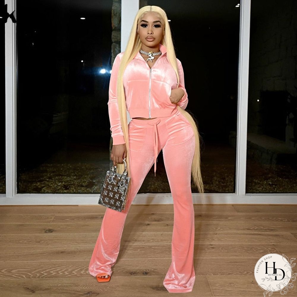 Kliou Solid Velour Two Piece Set Women Simple Casual Zipper Long Sleeve Turtleneck
