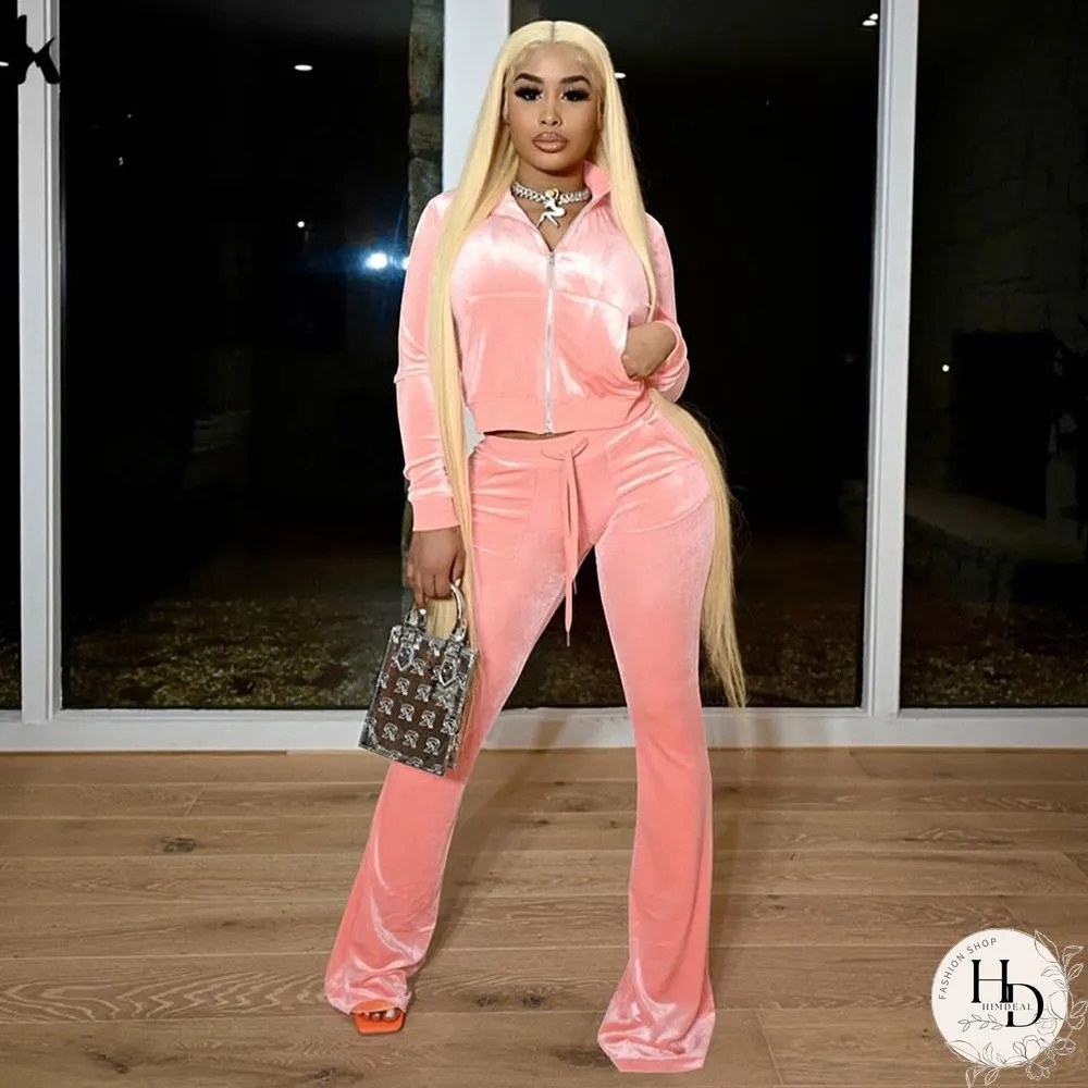 Kliou Solid Velour Two Piece Set Women Simple Casual Zipper Long Sleeve Turtleneck