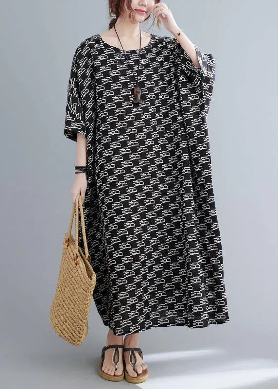 French Black Print Batwing Sleeve Loose Long Summer Cotton Dress