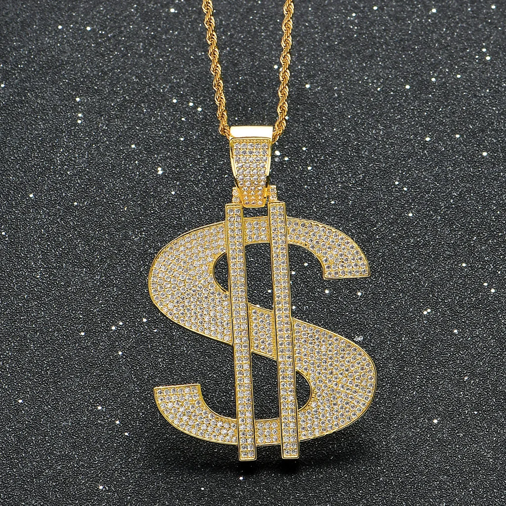 Iced Out Blig Dollar Sign Pendant Necklace Hip Hop Jewelry-VESSFUL