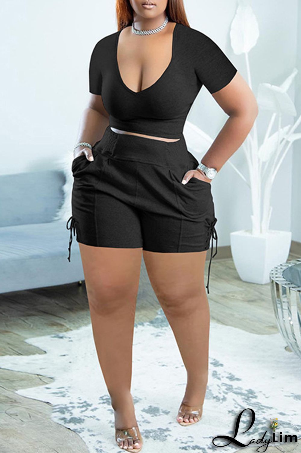 Black Fashion Casual Solid Bandage V Neck Short Sleeve Two Pieces