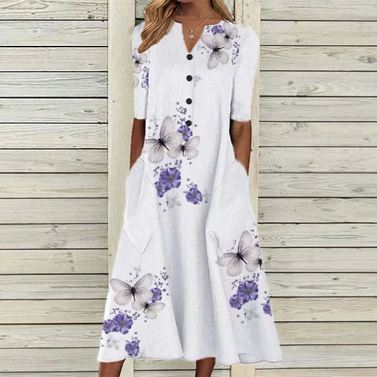 Casual Floral Print V-neck Short Sleeve Dress