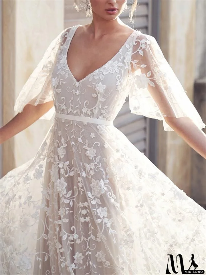 MidiSono - Flowing Floral Applique Cap Sleeve Backless Dress for Wedding