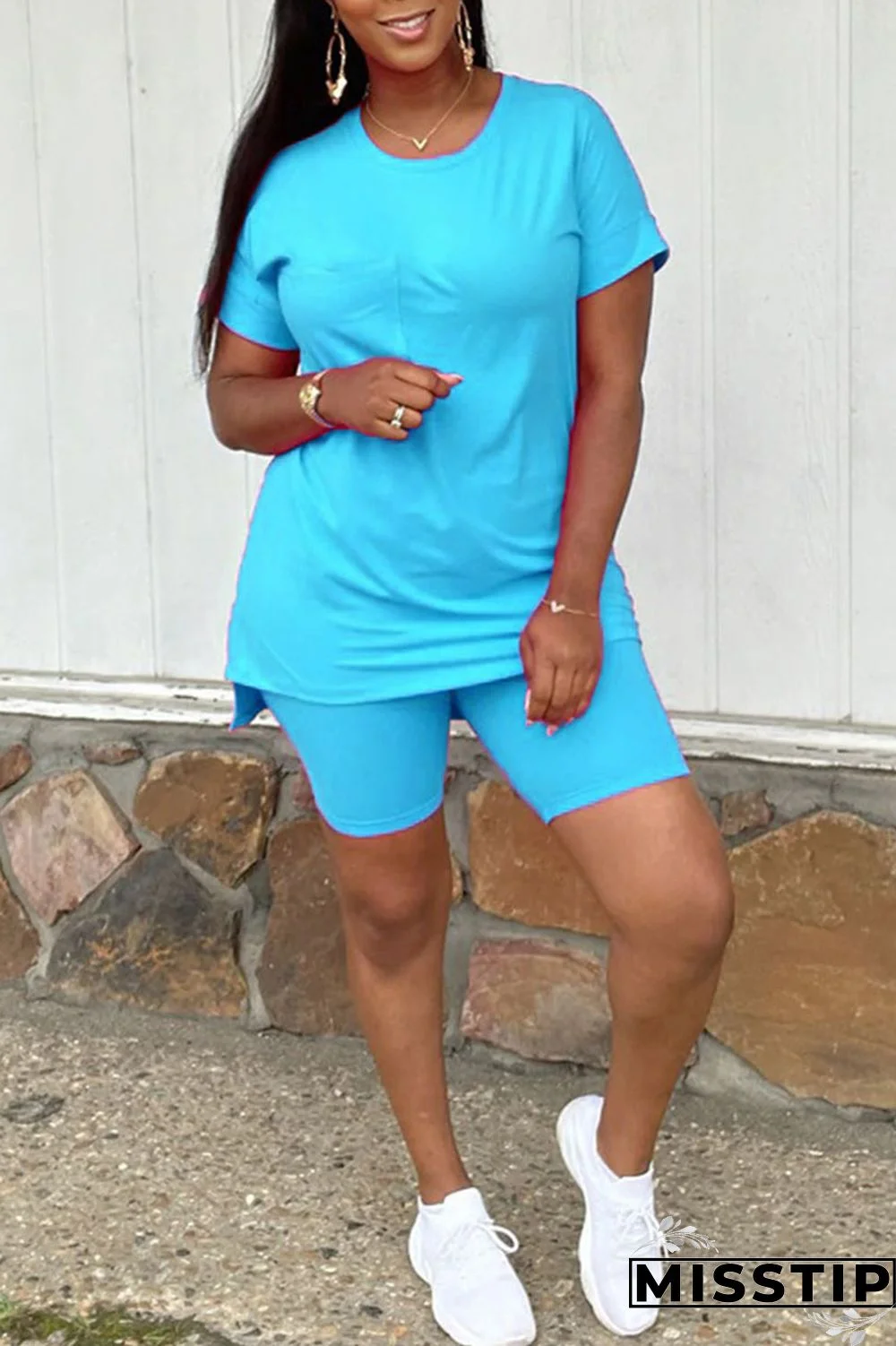 Green Casual Solid Patchwork O Neck Short Sleeve Two Pieces