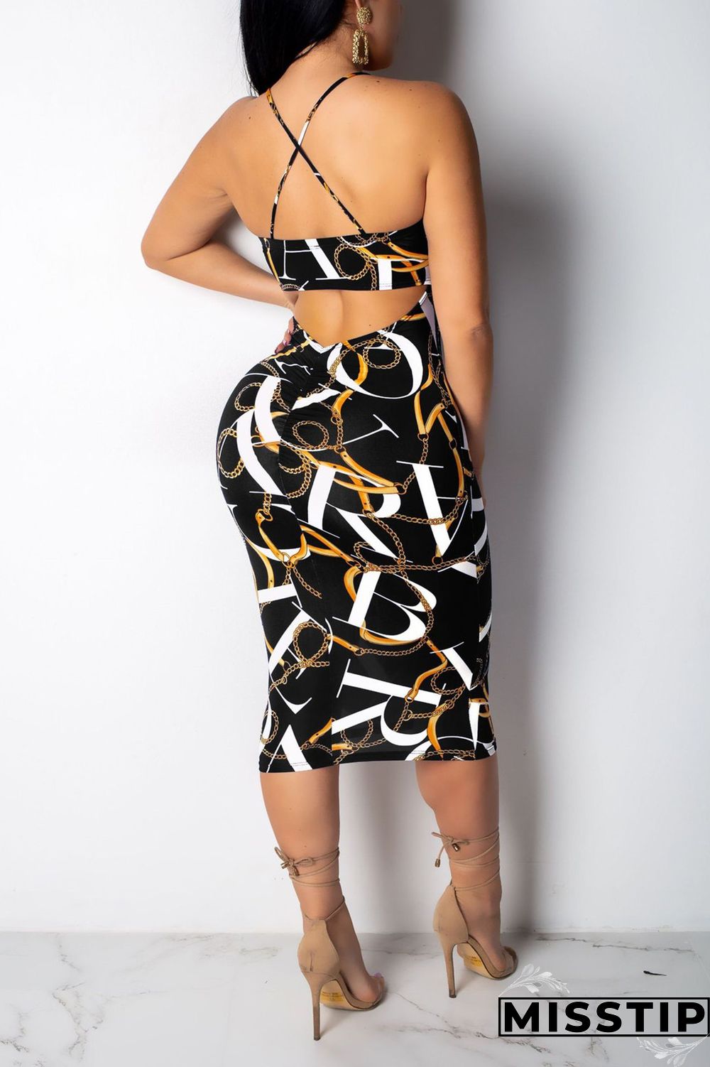 Dark Blue Chain Print Back Hollow Out Slip Dress