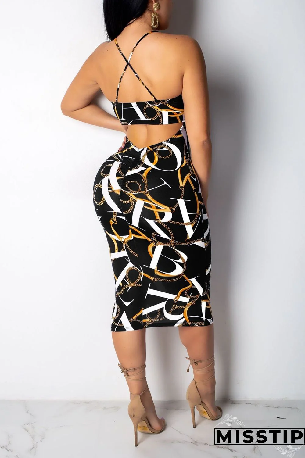 Dark Blue Chain Print Back Hollow Out Slip Dress