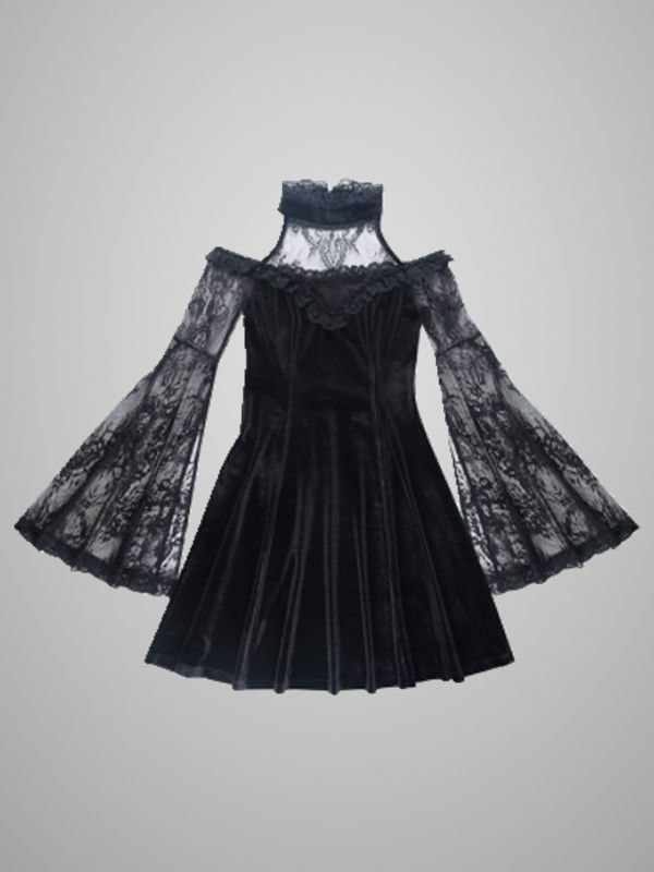 Goth Paneled Stand Collar Off The Shoulder Long Bell Sleeve Velvet Dress