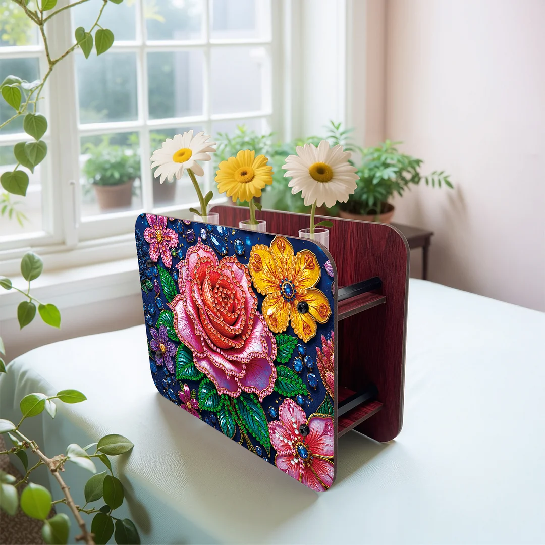Rose DIY Flower Vase Wooden Double Sided Desktop Diamond Art Kit for Home Decor