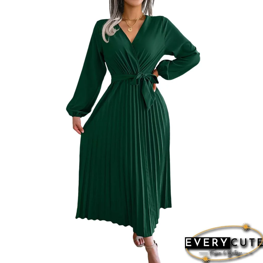 Green Wrap V Neck Pleated Long Sleeve Long Dress