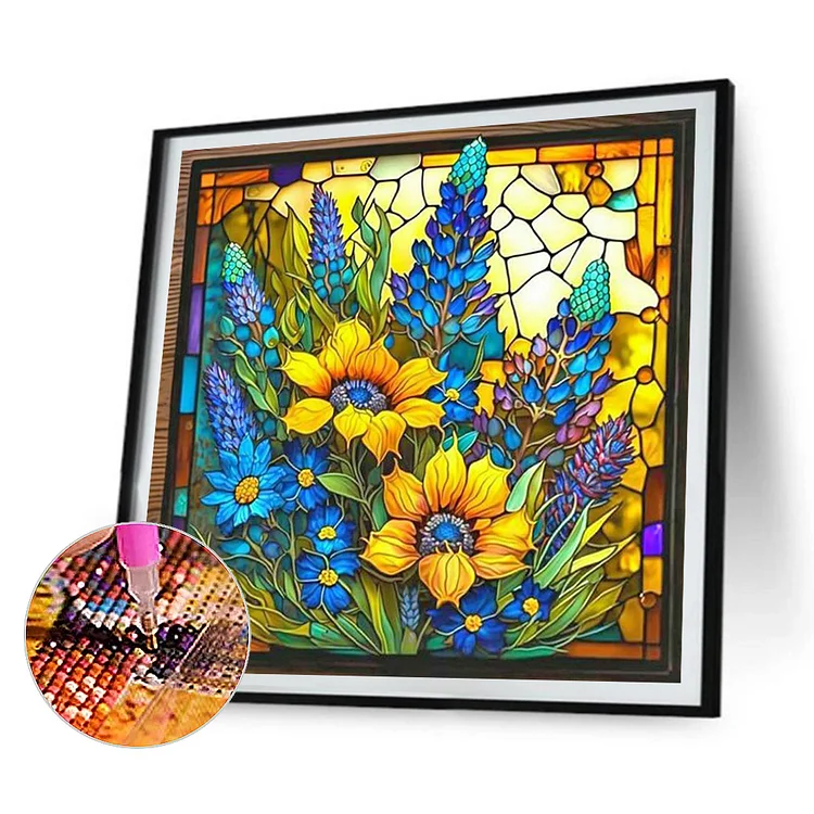 4PCS Flower Glass Painting 35*35CM(Canvas) Full Square Drill Diamond  Painting