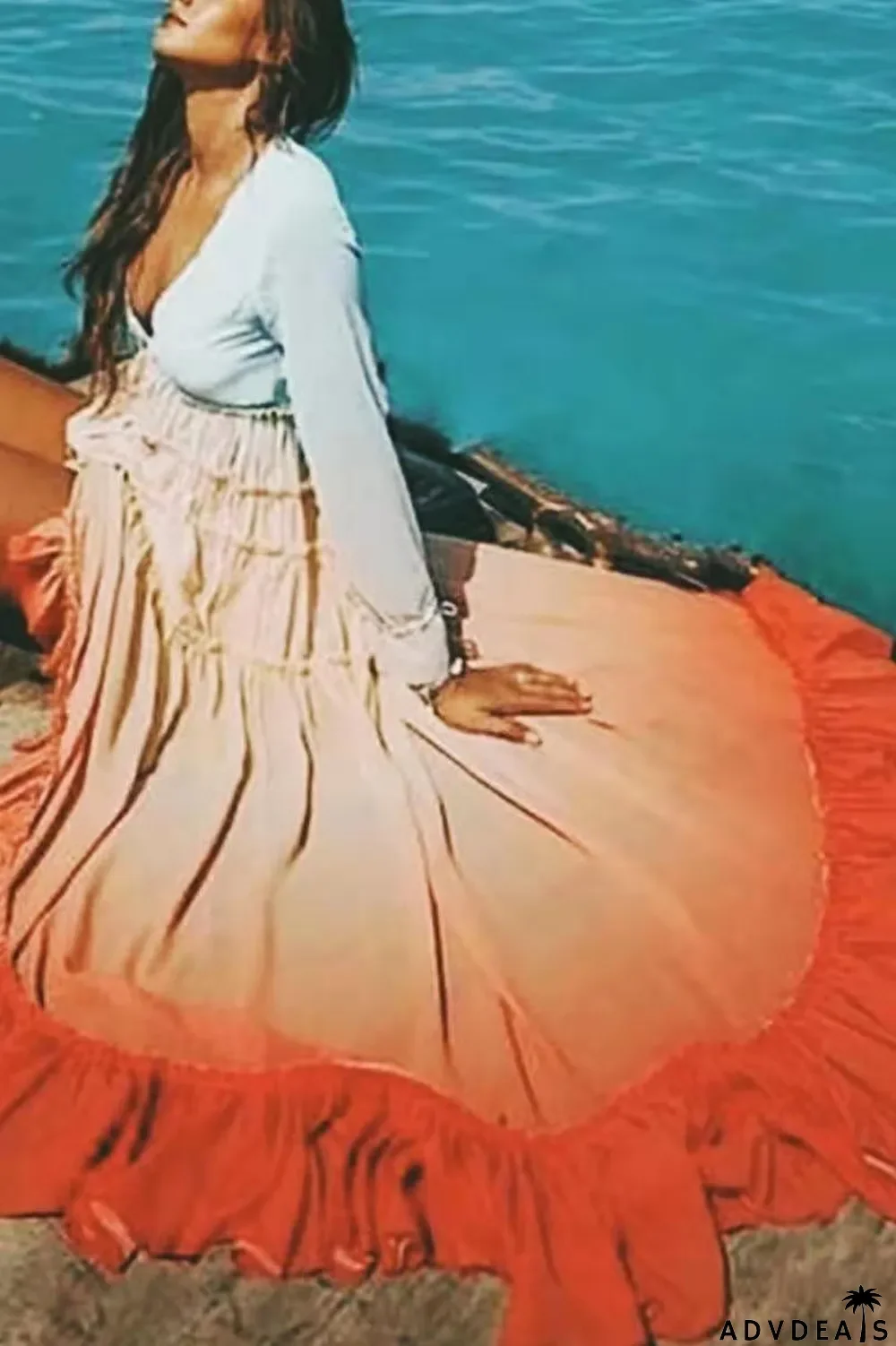 V Neck Long Sleeve Gradient Dress