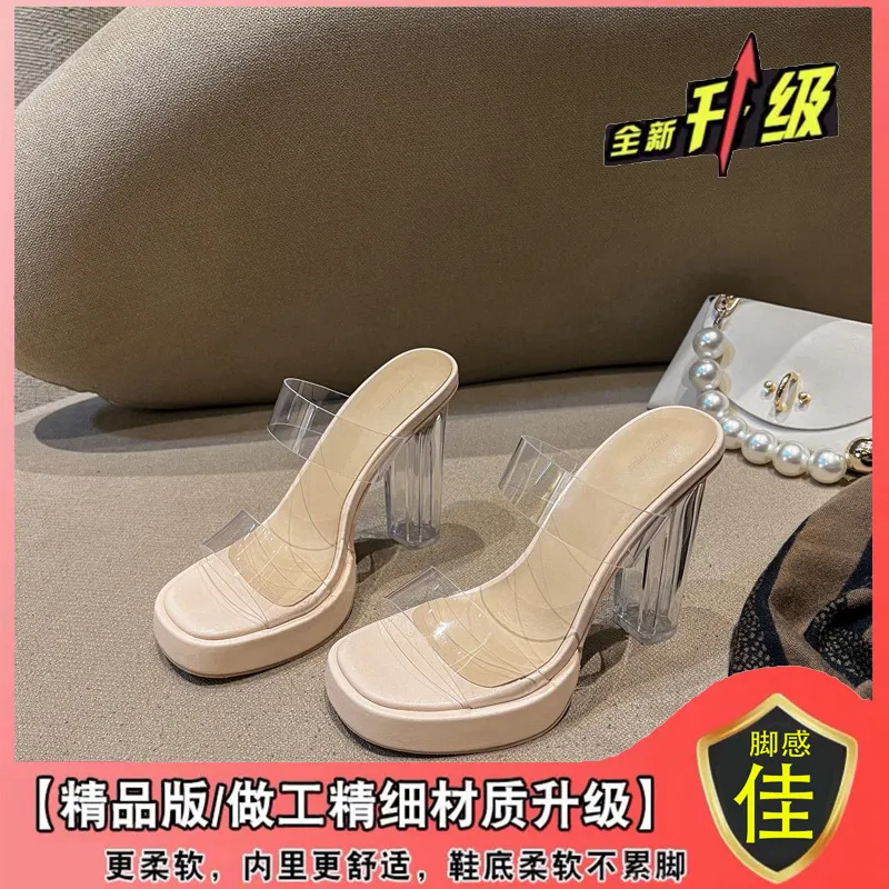 Breakj Breakj High-Heeled Women's Summer New Waterproof Table With Ultra-High Heel Slippers Crystal And Coarse Sandals Women's