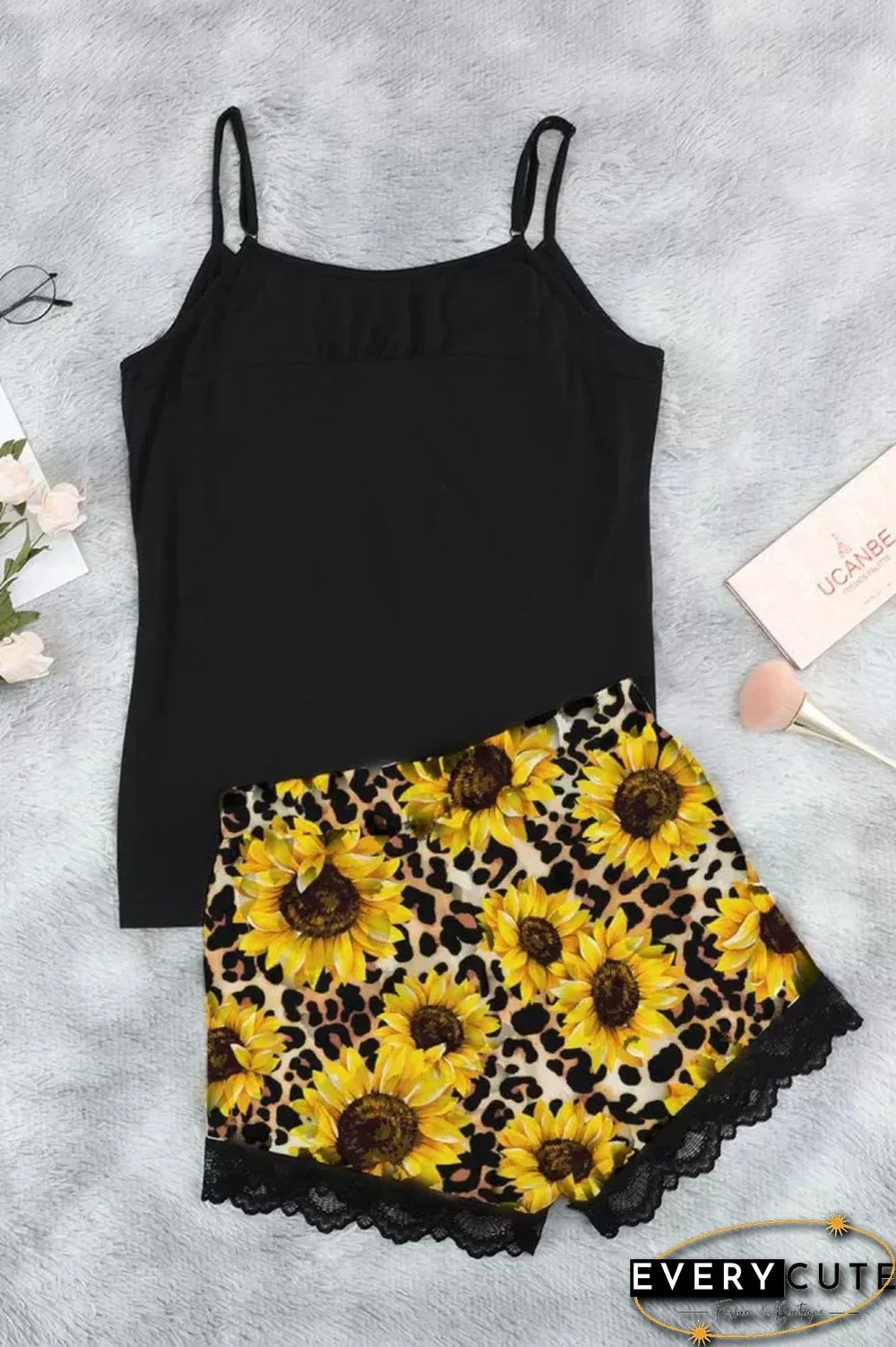 Leopard Sunflower Lace Cami Loungewear Set
