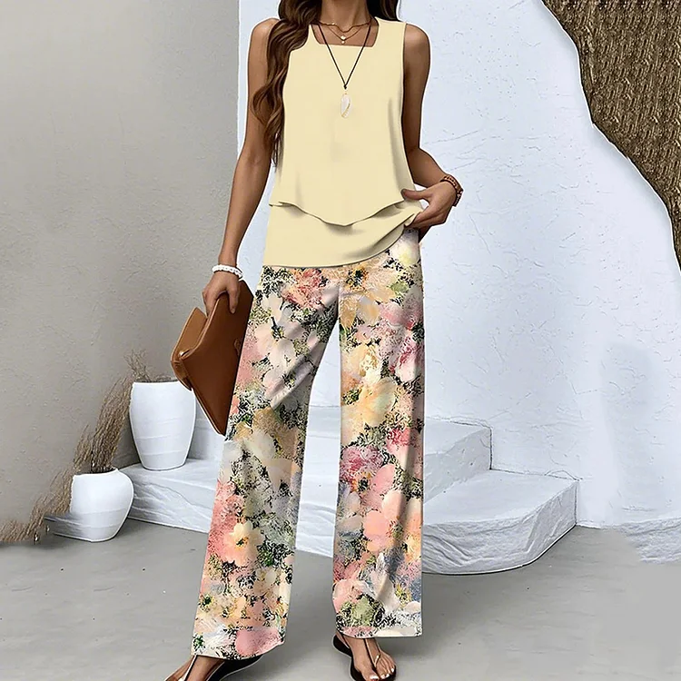 Utbros Flower Print Sleeveless Double Layer Tank Pants Two Piece Set