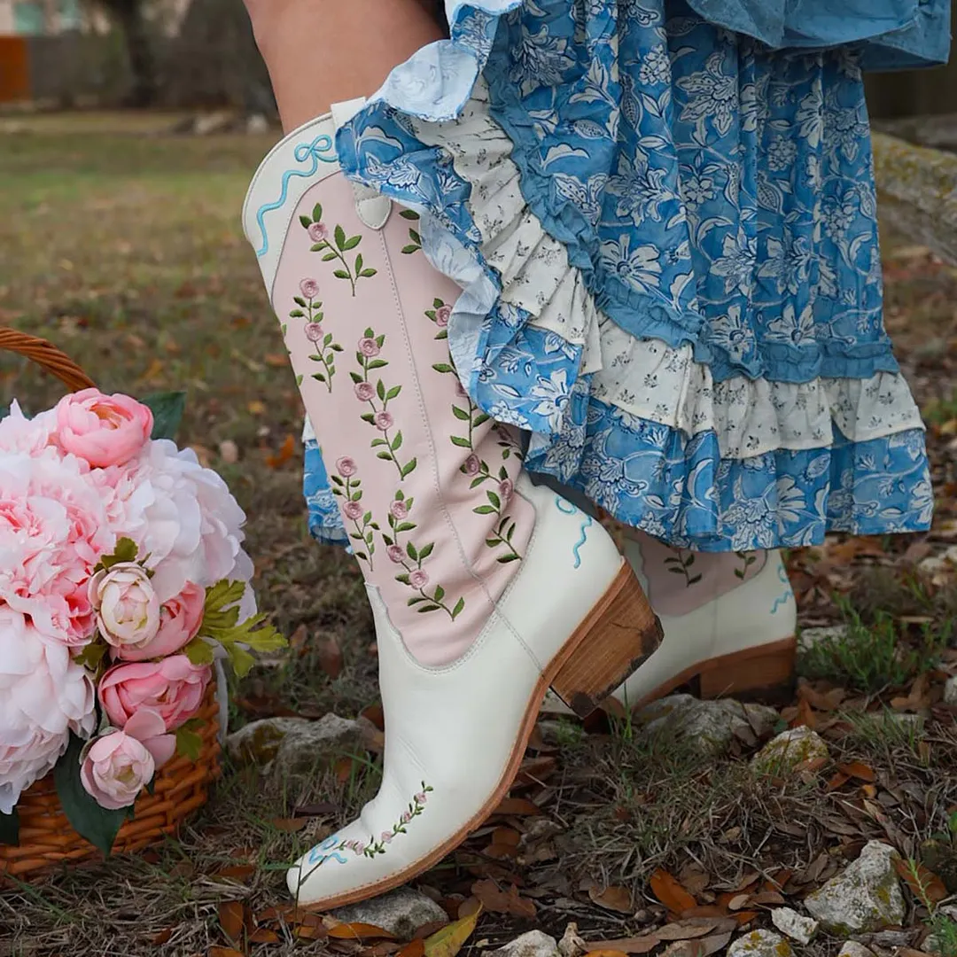 Light Pink & Ivory Flower Embroidered Stacked Heel Cowgirl Boots