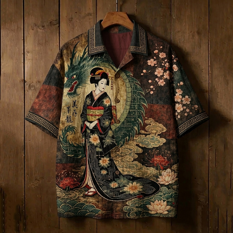 Men's Vintage Elegant Japanese Geisha And Dragon Art Printed Short-sleeve Shirt elevenforest