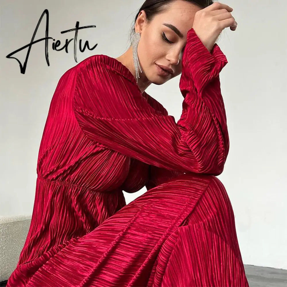 Autumn Winter Women Elegant Solid Red Maxi Pleated Dress Long Sleeve Hollow Out Slim Bodycon Evening Pencil Dress For Women Aiertu