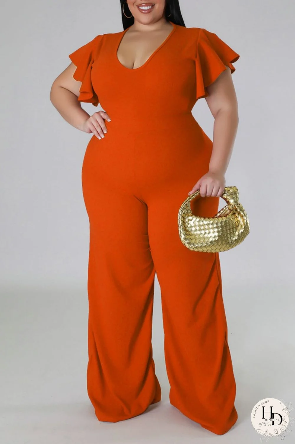 Orange Casual Solid Basic V Neck Plus Size Jumpsuits