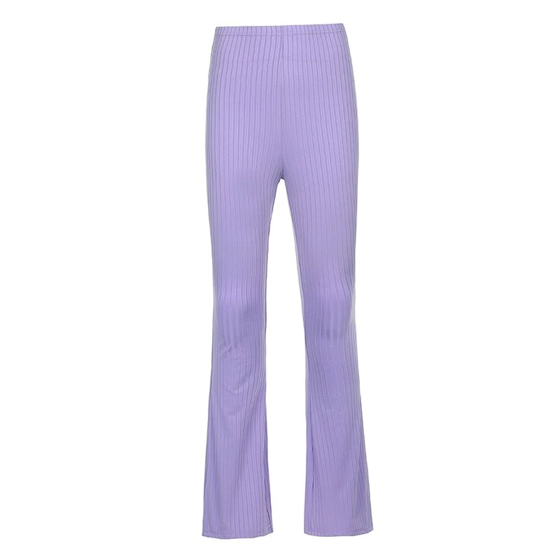 HEYounGIRL Skinny Elastic Flare Pants Women Casual High Waist Long Trousers Laides Purple Ribbed Sweatpants Summer Streetwear