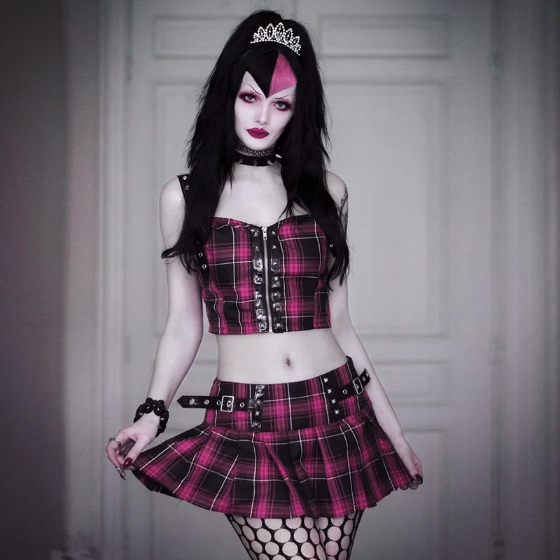 InsGoth Punk Grunge Sexy Purple Skirt Suit Y2K Streetwear Backless Rivet Crop Tops Goth High Waist Pleated Mini Skirts 2pcs Sets