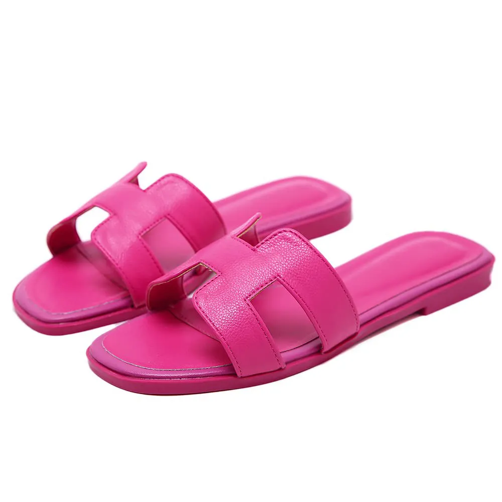 Women's Square Open Toe Summer Casual Flat Litchi Slippers-vocosishoes
