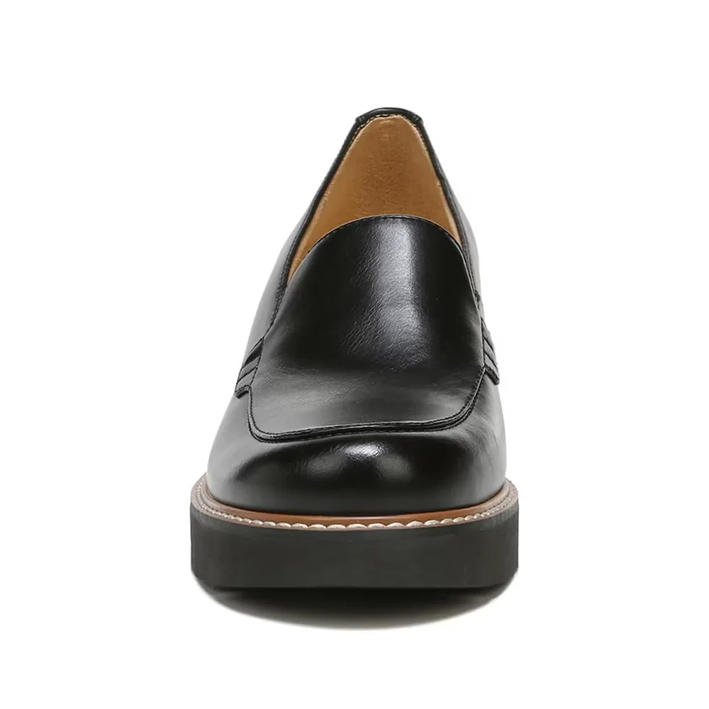 Black Vegan Leather Round Toe Office Shoes Chunky Loafers Women