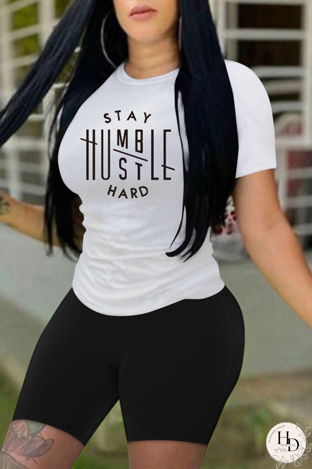 Black Fashion Casual Print Basic O Neck Plus Size Two Pieces