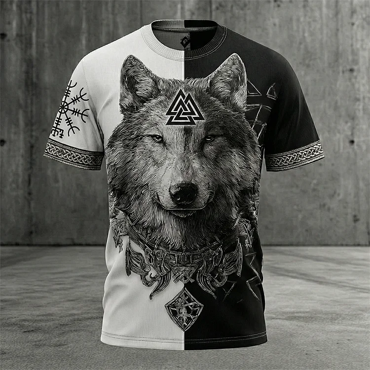Men's Retro Viking Wolf Rune Yingyang Print Short-sleeve T-shirt