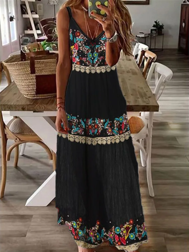 Comstylish Vintage Boho Floral Embroidered Tiered Cami Maxi Dress